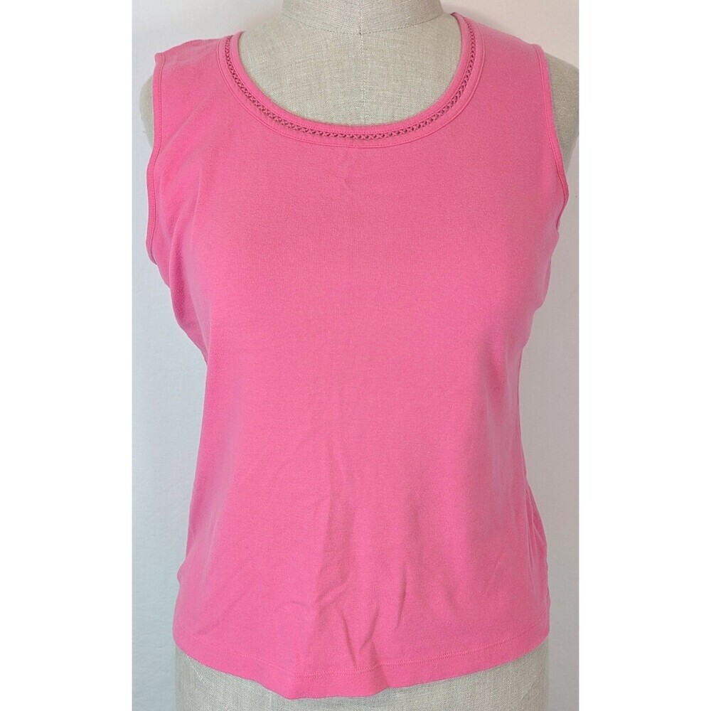 White Stag Pink Cotton Sleeveless Tank Top Crochet Trim Neckline Large 12-14